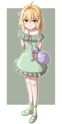 Rule 34 | 1girl, arms behind back, bag, blonde hair, bow, counter:side, dress, full body, green background, green bow, green dress, green footwear, green socks, hair between eyes, hair bow, handbag, kaci bins, mary janes, medium hair, pabenia, shoes, simple background, socks, solo, standing, two-tone background, white background, yellow eye
