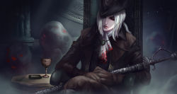 Rule 34 | 1girl, absurdres, artist request, ascot, blood, bloodborne, cape, chair, coat, gem, gloves, hat, hat feather, highres, holding, lady maria of the astral clocktower, long hair, looking at viewer, ponytail, rakuyo (bloodborne), red eyes, simple background, solo, sword, the old hunters, tricorne, weapon, white hair