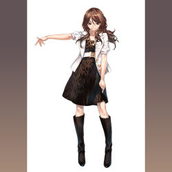 Rule 34 | 1girl, black footwear, boots, brown eyes, brown hair, fashion, full body, jacket, kousaki rui, looking at viewer, open clothes, open jacket, original, outstretched arm, pillarboxed, short sleeves, sidelocks, simple background, solo, standing, thigh boots, thighhighs, white background, zettai ryouiki