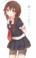 Rule 34 | 10s, 1girl, arms behind back, blue eyes, braid, brown hair, hair ornament, kantai collection, komeshiro kasu, looking at viewer, necktie, personification, shigure (kancolle), single braid, skirt, smile, solo, translation request