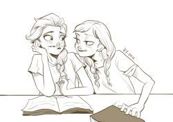 Rule 34 | 2girls, anna (frozen), braid, contemporary, elsa (frozen), eye contact, frozen (disney), looking at another, mataetae, monochrome, multiple girls, notebook, pencil, siblings, sisters, smirk, studying, table, yuri