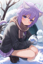 Rule 34 | 1girl, absurdres, ahoge, animal ear fluff, animal ears, ayama nano, bare tree, black jacket, black socks, blush, brown footwear, brown scarf, cat ears, cat girl, cat tail, closed mouth, commentary, from side, full body, gloves, grey gloves, highres, holding, holding snowball, hololive, jacket, kneehighs, loafers, long sleeves, nekomata okayu, pleated skirt, purple eyes, purple hair, purple skirt, scarf, shoes, short hair, skirt, smile, snow, snowball, socks, solo, squatting, tail, tail raised, tree, virtual youtuber