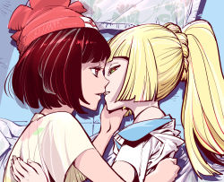 Rule 34 | 2girls, bare shoulders, beanie, bed, bed sheet, black hair, blonde hair, blunt bangs, braid, breakrabbit, creatures (company), fingernails, floral print, french braid, game freak, green eyes, grey eyes, hand on another&#039;s back, hand on another&#039;s face, hat, high ponytail, lillie (pokemon), long hair, looking at another, lying, multiple girls, nintendo, on bed, on side, open mouth, pillow, poke ball theme, pokemon, pokemon sm, red hat, selene (pokemon), shirt, shirt slip, short hair, short sleeves, spoilers, white shirt, yellow shirt, yuri