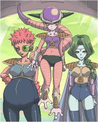 Rule 34 | 3girls, alien, arai kuma, belly, bodysuit, braid, breasts, dodoria, dragon ball, dragonball z, facing viewer, floating, frieza, genderswap, genderswap (mtf), green hair, green sky, jaggy lines, legs, looking at viewer, lowres, medium breasts, midriff, multiple girls, pink hair, pointy ears, ponytail, red eyes, scouter, small breasts, spiked hair, tail, thighhighs, thighs, zarbon