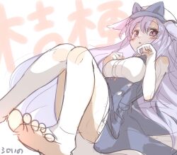 Rule 34 | 1girl, animal ear fluff, animal ears, artist name, bare arms, bare legs, bare shoulders, barefoot, blue bow, blue dress, blush, bow, braid, breasts, buttons, character name, commentary request, dog ears, dress, eyelashes, feet, foot focus, full body, hat, hat bow, highres, kikyo (vrchat), large breasts, long hair, parted lips, paw pose, pink eyes, purple hair, shiroino (shirayuki mutsuki), shirt, short dress, simple background, single braid, sketch, sleeveless, sleeveless dress, sleeveless shirt, solo, toes, very long hair, vrchat, white background, white hat, white shirt