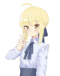 Rule 34 | 1girl, ahoge, artoria pendragon (all), artoria pendragon (fate), blonde hair, blush, collared shirt, fate/stay night, fate (series), finger to cheek, green eyes, hair ribbon, high-waist skirt, highres, long sleeves, looking at viewer, neck ribbon, ribbon, saber (fate), shirt, sidelocks, simple background, sketch, skirt, solo, sweatdrop, tenoo12, upper body, white background