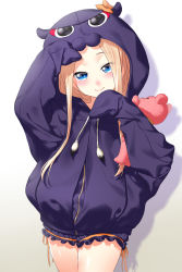Rule 34 | 1girl, abigail williams (fate), absurdres, black jacket, blonde hair, blue eyes, blush, bow, breasts, drawstring, fate/grand order, fate (series), forehead, highres, hood, hood up, hooded jacket, jacket, long hair, long sleeves, looking at viewer, onsoku inu, orange bow, parted bangs, polka dot, simple background, sleeves past fingers, sleeves past wrists, small breasts, smile, solo, stuffed animal, stuffed toy, teddy bear, thighs, tokitarou (fate), white background