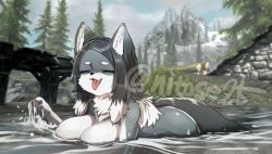 Rule 34 | 1girl, 3d background, :3, ^ ^, animal ear fluff, animal ears, animal nose, artist name, black hair, blue sky, body fur, breasts, bridge, closed eyes, cloud, completely nude, day, fangs, female focus, forehead, furry, furry female, grey fur, happy, large breasts, log, long hair, mountain, multicolored hair, neck fur, nude, nyifu, open mouth, original, outdoors, parted bangs, partially submerged, pine tree, sidelocks, signature, sky, smile, snout, solo, swimming, tail, the elder scrolls, the elder scrolls v: skyrim, tongue, tongue out, tree, twitter username, two-tone fur, two-tone hair, water, watermark, wet, white fur, white hair, wolf ears, wolf girl, wolf tail