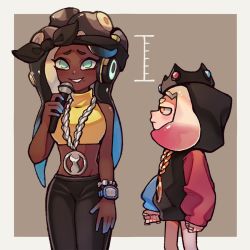 Rule 34 | 2girls, a very happy potato, bandana, cephalopod eyes, collared vest, colored skin, cropped vest, crown, dark-skinned female, dark skin, envy, height conscious, height difference, inkling, looking at another, marina (splatoon), mask, meme, mole, mole under mouth, multicolored skin, multiple girls, nintendo, octoling, pearl (splatoon), pink pupils, size difference, suction cups, tentacle hair, vest