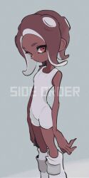 Rule 34 | 1girl, arms at sides, bare arms, bare shoulders, bodysuit, brown hair, copyright name, dark-skinned female, dark skin, dot mouth, imaikuy0, long hair, looking to the side, nintendo, octoling, octoling girl, octoling player character, red eyes, sleeveless, sleeveless bodysuit, solo, splatoon (series), splatoon 3, splatoon 3: side order, standing, suction cups, tentacle hair, white bodysuit, white footwear