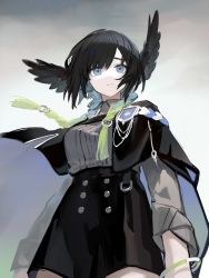 Rule 34 | 1girl, absurdres, aiguillette, arknights, bird girl, black hair, black skirt, blue eyes, capelet, commentary, epaulettes, head wings, highres, iris yi, looking at viewer, medium hair, military, military uniform, patia (arknights), skirt, solo, symbol-only commentary, uniform, wings, wristband