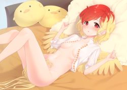 Rule 34 | 1girl, ass, bed, blonde hair, blush, bottomless, breasts, collarbone, commentary, feathered wings, feet out of frame, groin, hands up, highres, indoors, kanpa (campagne 9), legs up, looking at viewer, lying, multicolored hair, navel, niwatari kutaka, on back, open clothes, open shirt, parted lips, pillow, puffy short sleeves, puffy sleeves, red eyes, red hair, shadow, shirt, short hair, short sleeves, small breasts, solo, stomach, swept bangs, thighs, touhou, two-tone hair, white shirt, wings, yellow wings