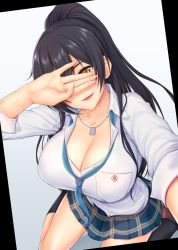 Rule 34 | 1girl, black hair, blush, breasts, cleavage, collarbone, commentary request, covering face, dog tags, dress shirt, green skirt, hair between eyes, highres, huge breasts, idolmaster, idolmaster shiny colors, long hair, looking at viewer, necktie, parted lips, peeking through fingers, plaid, plaid skirt, pleated skirt, ponytail, reaching, reaching towards viewer, revision, school uniform, selfie, shirase sakuya, shirt, shukurimu, skirt, sleeves rolled up, smile, solo, thighs, yellow eyes