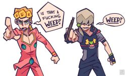 Rule 34 | 2boys, angry, blonde hair, cleavage cutout, clothing cutout, drugs, fingerless gloves, giorno giovanna, gloves, highres, jodio joestar, joint (drug), jojo no kimyou na bouken, light brown hair, marijuana, multiple boys, pointing, pointing at viewer, speech bubble, the jojolands, trait connection, vento aureo, white background, yakpuu