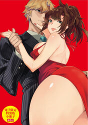 Rule 34 | 1boy, 1girl, :p, ass, backless dress, backless outfit, bare shoulders, breast press, breasts, brown hair, dress, eyebrows hidden by hair, feet out of frame, formal, gotou yuuna, green eyes, hand on another&#039;s face, high ponytail, highres, large breasts, legs, looking at viewer, looking back, mario (mario portal), nail polish, original, red background, red dress, revealing clothes, simple background, sleeveless, sleeveless dress, standing, striped suit, suit, tamarowa: 100% kane meate - shisan 35- oku no ikemen wo meguru wakeari onnatachi no tamanokoshi battle royal, thighs, tongue, tongue out