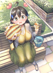Rule 34 | 1girl, ahoge, bag, bench, black hair, blush, breasts, bucket, burger, bush, commentary request, day, food, grass, hair between eyes, hair ornament, heart, holding, holding food, kantai collection, large breasts, long hair, long sleeves, looking at viewer, open mouth, outdoors, pants, pants under skirt, sakimori dan, shoes, sitting, skirt, solo, ushio (kancolle), yellow eyes