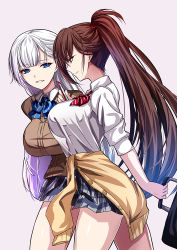 Rule 34 | 2girls, akeyama kitsune, alternate costume, azur lane, bag, blue bow, blue bowtie, blue eyes, bow, bowtie, breasts, brown cardigan, brown eyes, brown hair, cardigan, cardigan around waist, closed mouth, clothes around waist, feet out of frame, hair ornament, holding, holding bag, large breasts, long hair, looking at another, mole, mole under eye, multiple girls, open mouth, parted lips, ponytail, red bow, red bowtie, school uniform, shirt, shoukaku (azur lane), simple background, skirt, smile, standing, teeth, white hair, white shirt, yellow cardigan, zuikaku (azur lane)