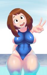 Rule 34 | 1girl, absurdres, boku no hero academia, breasts, brown eyes, brown hair, collarbone, covered navel, highres, large breasts, looking at viewer, one-piece swimsuit, pool, punkinillus, short hair, sideboob, sitting, smile, solo, swimsuit, thick thighs, thighs, uraraka ochako, v, wide hips