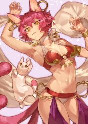 Rule 34 | 1girl, absurdres, animal ear piercing, animal ears, armlet, armpits, breasts, cat, cat ears, cat tail, fang, highres, multiple tails, navel, original, pink hair, short hair, solo, tail, tapioka chaso, yellow eyes