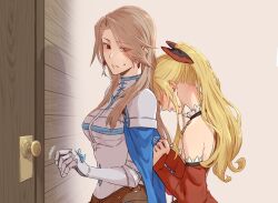 Rule 34 | 2girls, black bow, blonde hair, blush, bow, breasts, brown hair, choker, cleavage, collarbone, commentary request, couple, doorknob, dress, earrings, granblue fantasy, hair bow, high ponytail, jewelry, katalina (granblue fantasy), lace, lace choker, long hair, medium breasts, miso-ha (ukyuu), multiple girls, ponytail, red bow, red sleeves, straight hair, strapless, strapless dress, two-tone bow, vira (granblue fantasy), yuri