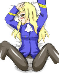 Rule 34 | 00s, 1girl, blonde hair, blush, crotch seam, glasses, panties, panties under pantyhose, pantyhose, perrine h. clostermann, solo, spread legs, strike witches, underwear, world witches series