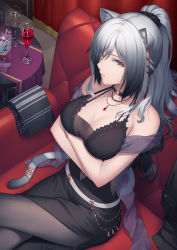 Rule 34 | 1girl, alcohol, alternate costume, animal ears, arknights, athrun1120, bare arms, bare shoulders, black choker, black dress, black pantyhose, breasts, cat ears, cat tail, choker, cleavage, commentary request, covered navel, crossed arms, cup, dress, drinking glass, highres, jewelry, large breasts, long hair, looking at viewer, necklace, pantyhose, schwarz (arknights), shawl, silver hair, solo, tail, thighs, wine, wine glass, yellow eyes