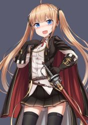 Rule 34 | 1girl, :d, ahoge, amazon (azur lane), azur lane, belt, black gloves, black skirt, black thighhighs, blonde hair, blue background, blue eyes, blush, cape, fang, gloves, highres, long hair, looking at viewer, open mouth, pleated skirt, simple background, skirt, smile, solo, standing, sword, thighhighs, weapon, yakob labo, zettai ryouiki