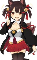 Rule 34 | 1girl, akagi-chan (azur lane), animal ears, azur lane, bell, brown eyes, brown hair, collar, collarbone, detached collar, fang, feet out of frame, fox ears, fox girl, fox tail, hair bell, hair between eyes, hair ornament, hairclip, hand up, highres, holding, japanese clothes, kitsune, kyuubi, legs together, looking at viewer, multiple tails, open mouth, pleated skirt, red skirt, simple background, skirt, smile, solo, tail, thighhighs, tonari (ichinichime azuma), twintails, white background, white collar, wide sleeves, zettai ryouiki