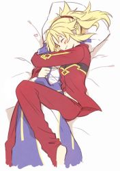 Rule 34 | 1girl, artoria pendragon (all), artoria pendragon (fate), barefoot, bed, between legs, blonde hair, blush, breasts, choco taberusan, closed eyes, closed mouth, dakimakura (object), fate/apocrypha, fate/grand order, fate/stay night, fate (series), hair ornament, hair scrunchie, happy, head on pillow, heart, high ponytail, hug, legs up, long hair, lying, mordred (fate), mordred (fate/apocrypha), navel, hugging object, on bed, on side, pajamas, pants, pillow, pillow hug, ponytail, saber (fate), scrunchie, smile, solo, yuri