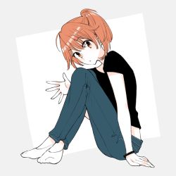 Rule 34 | 10s, 1girl, ankle socks, arm support, black shirt, blouse, commentary request, flat color, from side, koito rei, looking at viewer, nakatani nio, no shoes, orange eyes, orange hair, outstretched hand, pants, shirt, side ponytail, socks, solo, wristband, yagate kimi ni naru