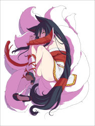Rule 34 | 1girl, ahri (league of legends), animal ears, ass, black hair, detached sleeves, dress, fox ears, fox tail, full body, ieung-isegae, korean clothes, league of legends, crossed legs, long hair, long sleeves, looking at viewer, multiple tails, shoes, socks, solo, strapless, strapless dress, tail, very long hair, white background, yellow eyes