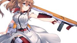 Rule 34 | 10s, 1girl, anchor, armpit peek, belt, blouse, breast pocket, breasts, dress, eyebrows, flight deck, garter straps, grey eyes, gun, hair between eyes, highres, jun project, kantai collection, large breasts, looking to the side, magazine (weapon), neckerchief, pocket, ponytail, red hair, red neckerchief, red thighhighs, roundel, saratoga (kancolle), shirt, simple background, skirt, smile, solo, striped clothes, striped dress, submachine gun, thighhighs, thompson submachine gun, trigger discipline, turret, weapon, white background, white dress, white shirt, white skirt