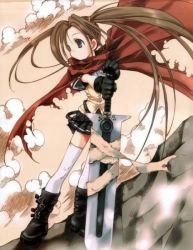 Rule 34 | 1990s (style), 1girl, boots, brown eyes, brown hair, cape, cloud, dust, female focus, fog, full body, gloves, outdoors, puchimon, red eyes, retro artstyle, rock, skirt, sky, solo, sword, twintails, weapon, wings