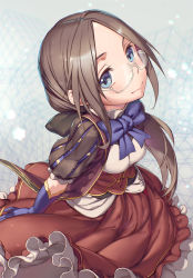 Rule 34 | 1girl, aged down, black bow, blue bow, blue bowtie, blue eyes, blue gloves, blush, bow, bowtie, breasts, brown dress, brown hair, chromatic aberration, closed mouth, commentary request, corset, dress, fate/grand order, fate (series), floating hair, from above, glasses, gloves, grey background, hair bow, leonardo da vinci (fate), leonardo da vinci (fate/grand order), leonardo da vinci (rider) (fate), long hair, looking at viewer, low ponytail, parted bangs, partial commentary, ponytail, rotix, semi-rimless eyewear, short sleeves, sidelocks, sideways glance, small breasts, smile, solo, under-rim eyewear, white-framed eyewear