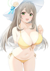 Rule 34 | 1girl, :d, absurdres, arm behind back, bikini, blue archive, blush, breasts, flower, green eyes, halo, hat, hat flower, highres, large breasts, leaning forward, light brown hair, navel, nonomi (blue archive), nonomi (swimsuit) (blue archive), open mouth, rei (ilust9999), rose, simple background, smile, solo, stomach, sun hat, swimsuit, white background, yellow bikini, yellow flower, yellow rose