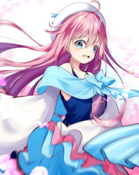 Rule 34 | 1girl, absurdres, blue eyes, blue ribbon, flower, highres, long hair, looking at viewer, mizugame mia, open mouth, pink hair, rascala39, re:act, ribbon, shirt, shrims, simple background, skirt, smile, solo, standing, straight hair, virtual youtuber