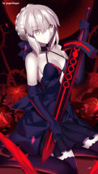 Rule 34 | 1girl, artist name, artoria pendragon (all), artoria pendragon (fate), black gloves, black skirt, black thighhighs, braid, breasts, cleavage, closed mouth, elbow gloves, excalibur morgan (fate), fate/stay night, fate (series), french braid, gloves, gothic lolita, grey eyes, grey hair, highres, holding, holding sword, holding weapon, lolita fashion, looking at viewer, medium breasts, official style, paperfinger, petals, plant, saber (fate), saber alter, sidelocks, sitting, skirt, solo, sword, thighhighs, vines, weapon
