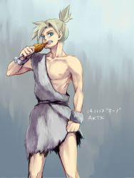 Rule 34 | 1boy, akitaka (s asai), blonde hair, blue eyes, boned meat, caveman, chrono trigger, clenched teeth, eating, feet out of frame, food, fur, fur cuffs, grey background, grey fur, high ponytail, holding, holding food, kino (chrono trigger), looking at viewer, male focus, meat, medium hair, parted bangs, pectorals, short ponytail, solo, teeth, tunic