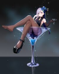 Rule 34 | 1girl, :o, armpits, ass, bare shoulders, black background, blue hair, blush, breasts, brown pantyhose, chinese clothes, crossed legs, cup, drinking glass, feet, full body, glass, grey hair, harunyax3, heels, heterochromia, highres, long hair, looking at viewer, medium breasts, multicolored hair, nails, original, oversized object, pantyhose, ponytail, shoes, single shoe, single sleeve, toes, two-tone hair, wine glass