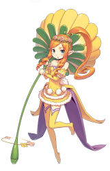 Rule 34 | 1girl, aqua eyes, artist request, bare shoulders, blue roses, curly hair, detached sleeves, eyebrows, flat chest, flower, green eyes, headdress, highres, latriss, long hair, official art, orange hair, pink flower, pink rose, pointy ears, pom pom (clothes), ponytail, rose, sidelocks, simple background, solo, thick eyebrows, thighhighs, wreath, yellow flower, yellow rose, yellow thighhighs