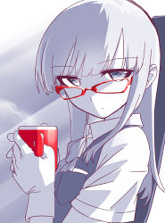 Rule 34 | 10s, 1girl, bespectacled, blew andwhite, blue eyes, blue hair, cup, expressionless, glasses, gloves, hatsukaze (kancolle), holding, kantai collection, long hair, looking at viewer, matching hair/eyes, school uniform, solo, spot color, sunlight, teacup, two-tone background, white gloves