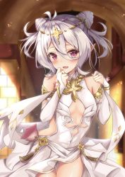 Rule 34 | 1girl, ahoge, bare shoulders, black eyes, blurry, blurry background, blush, cowboy shot, detached sleeves, double bun, dress, fang, frills, grey hair, hair between eyes, hair bun, hair ornament, hands up, highres, kokkoro (ceremonial) (princess connect!), kokkoro (princess connect!), looking at viewer, medium hair, messy hair, open mouth, pointy ears, princess connect!, rumiko (rmeco), sidelocks, skin fang, smile, solo, standing, thighs, white dress