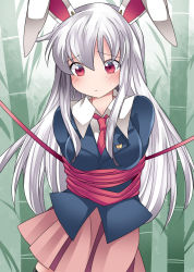 Rule 34 | 1girl, animal ears, arms behind back, bad id, bad pixiv id, bamboo, bamboo forest, bdsm, black thighhighs, blazer, blush, bondage, bound, commentary request, crescent, dress shirt, forest, hammer (sunset beach), jacket, long hair, nature, neckerchief, rabbit ears, red eyes, reisen udongein inaba, shirt, silver hair, skirt, solo, thighhighs, tied up (nonsexual), touhou