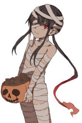 Rule 34 | 1boy, bandaged hand, bandages, black hair, candy, closed mouth, collarbone, fate/grand order, fate (series), food, gradient hair, halloween bucket, highres, holding, koha-ace, lollipop, looking at viewer, low ponytail, male focus, multicolored hair, mummy costume, oda nobukatsu (fate), ponytail, red eyes, red hair, simple background, smile, solo, swirl lollipop, tachitsu teto, white background