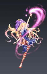 Rule 34 | 1girl, alternate breast size, american flag dress, american flag legwear, antenna hair, arm up, bell, black background, blonde hair, breast expansion, breasts, clownpiece, dress, evil smile, fang, floating hair, full body, glowing, glowing eyes, gradient background, grey background, hair between eyes, hat, highres, holding, impossible clothes, impossible dress, jester cap, large breasts, long hair, one eye closed, open mouth, outstretched arm, pantyhose, pink eyes, ringed eyes, short dress, short sleeves, smile, solo, standing, standing on one leg, torch, touhou, tsurime, z.o.b