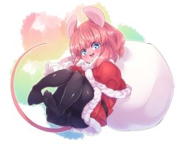 Rule 34 | 1girl, animal ears, black pantyhose, blue eyes, christmas, furry, furry female, mouse (animal), mouse ears, mouse tail, open mouth, pantyhose, pink hair, santa costume, short hair, solo, tail, thighhighs, yuuki (yuyuki000)