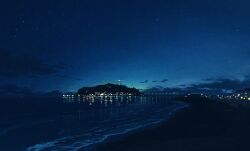 Rule 34 | beach, bridge, city lights, cloud, commentary, enoshima, highres, light reflection (water), night, night sky, no humans, ocean, original, orval, reflection, reflective water, scenery, sky