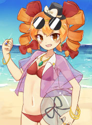 Rule 34 | absurdres, ball, bangle, beach, beachball, bikini, bow, bracelet, breasts, clenched hand, commentary request, cowboy shot, day, dress, drill hair, earrings, eyewear on head, gold, hair ribbon, hat, hat bow, highres, jacket, jewelry, light brown hair, midriff, navel, necklace, ocean, orange eyes, outdoors, pendant, red bikini, red jacket, red ribbon, ribbon, ridyuu, ring, round eyewear, sand, see-through, see-through jacket, short sleeves, small breasts, stomach, sunglasses, swimsuit, top hat, touhou, twin drills, white dress, yorigami jo&#039;on