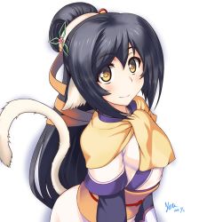 Rule 34 | 1girl, absurdly long hair, ainu clothes, animal ears, aquaplus, black hair, blush, breasts, cat tail, closed mouth, dress, from above, from side, gradient eyes, gradient hair, hair between eyes, high ponytail, kuon (utawarerumono), layered sleeves, leaning forward, long hair, long sleeves, multicolored eyes, multicolored hair, nisiumi, orange sash, ponytail, raised eyebrows, scarf, sidelocks, signature, small breasts, smile, solo, tail, upper body, utawarerumono, utawarerumono: itsuwari no kamen, very long hair, white tail, yellow eyes, yellow scarf
