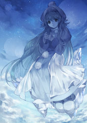 Rule 34 | 1girl, baiguiyu, belt, blue dress, blue theme, boots, commentary request, dress, highres, juliet sleeves, long dress, long hair, long sleeves, looking at viewer, monochrome, parted lips, pipiro (zwei!!), pom pom (clothes), puffy sleeves, sitting, solo, very long hair, zwei!!